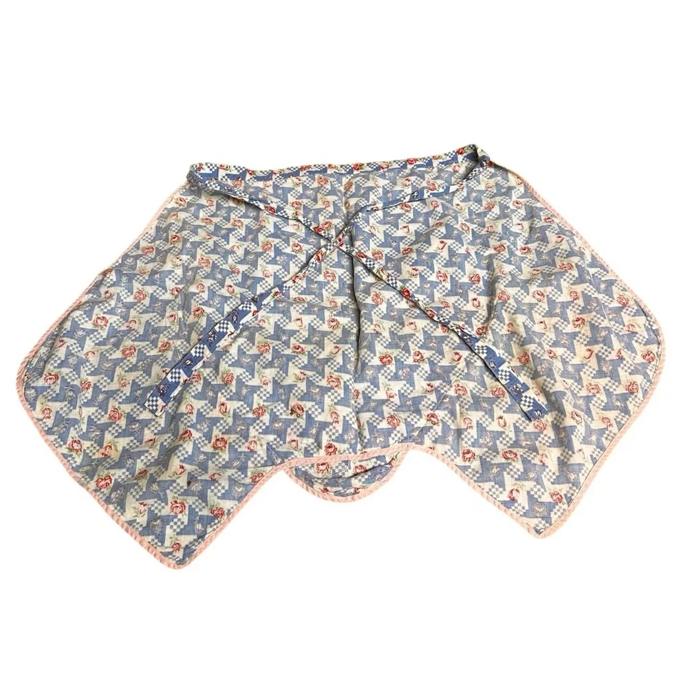 Vintage Waist Tie  Apron Floral with Pocket Blue Red White And Green